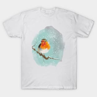 Robin on a tree branch in the snow T-Shirt